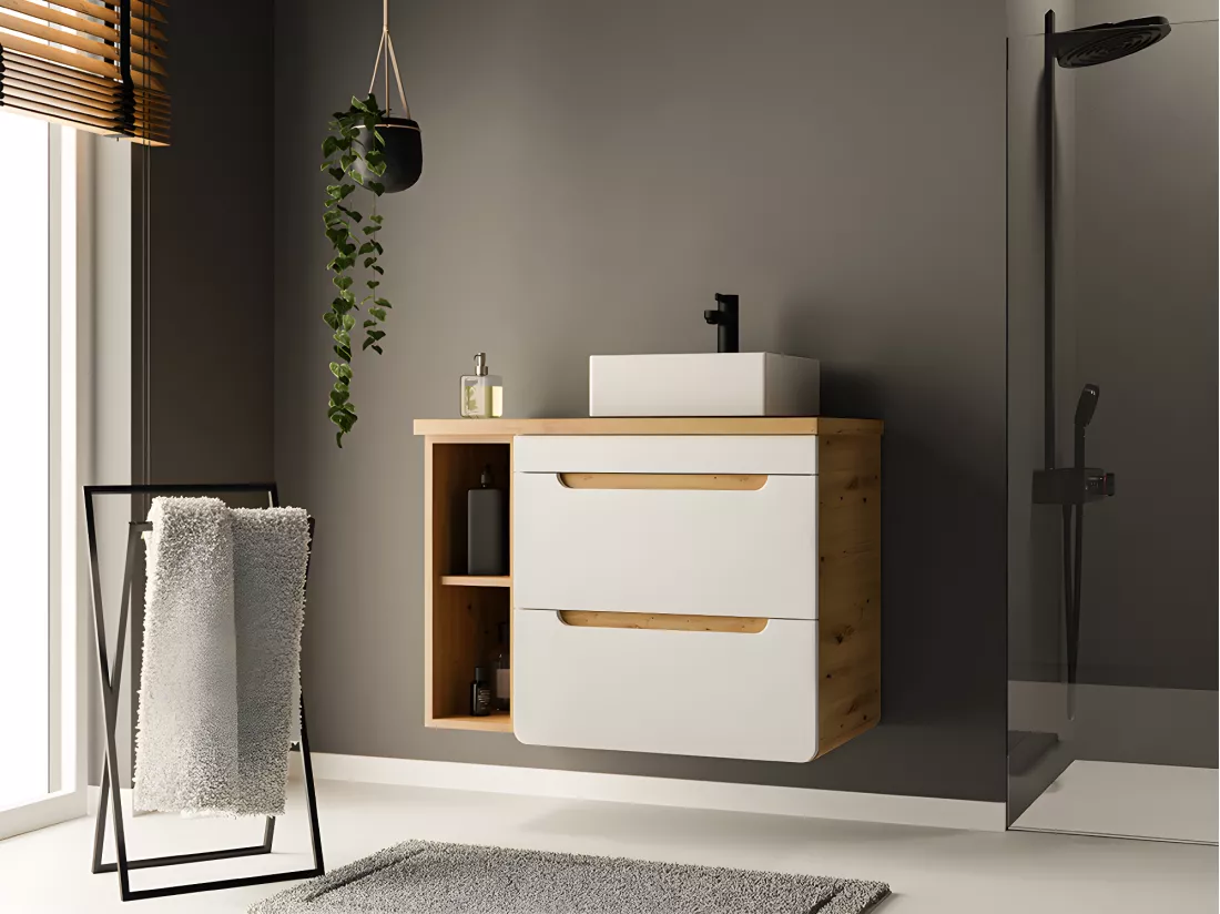 Meuble de salle de bain suspendu simple vasque et niches - Coloris naturel et blanc - 80 cm - ARUBA