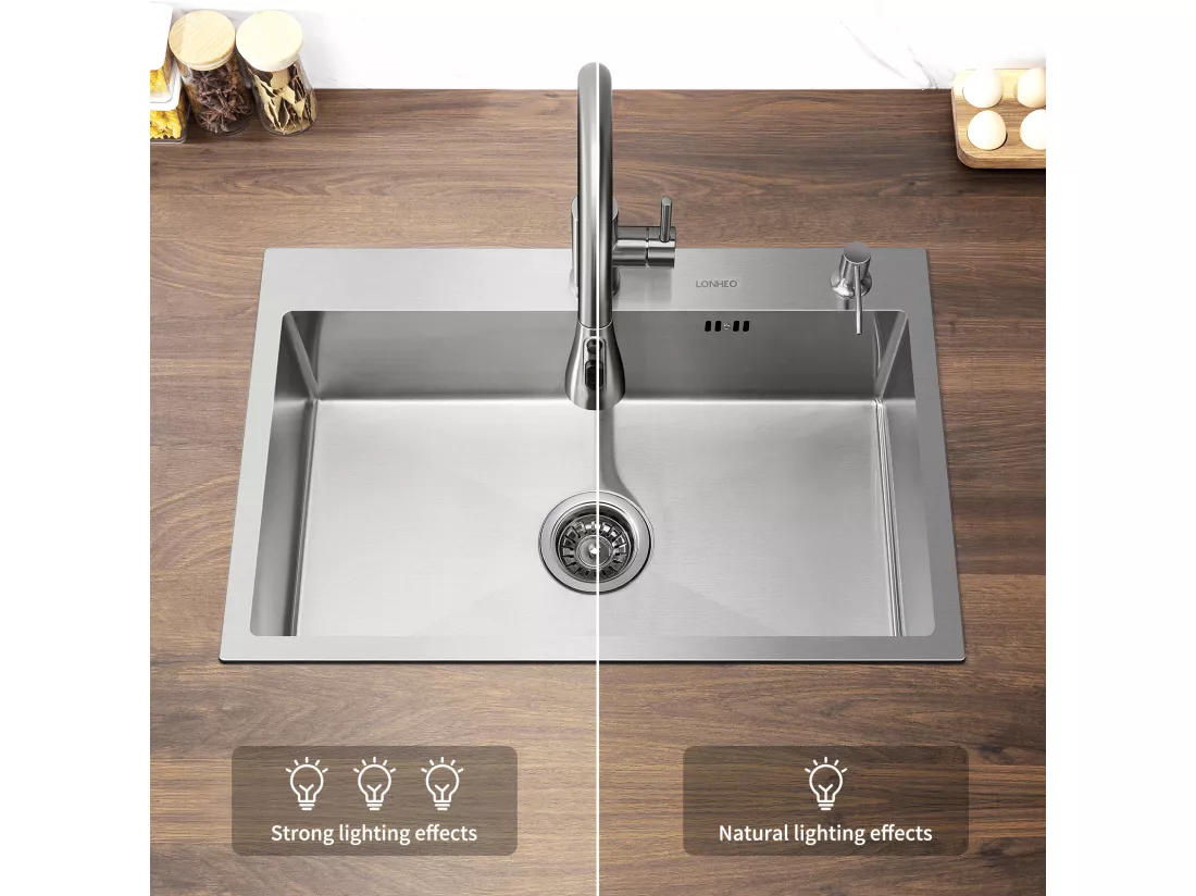 Évier Cuisine 1 Bac 68*45*19CM INOX Trop Plein Évier à Encastrer, avec Distrubuteur Savon et Égouttoir Panier, Brossé,EU Modèle