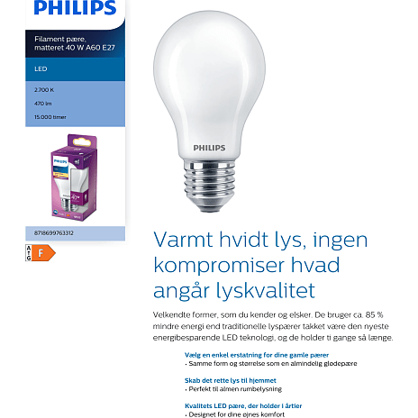Philips LED kronepære 40W - varmt hvidt lys