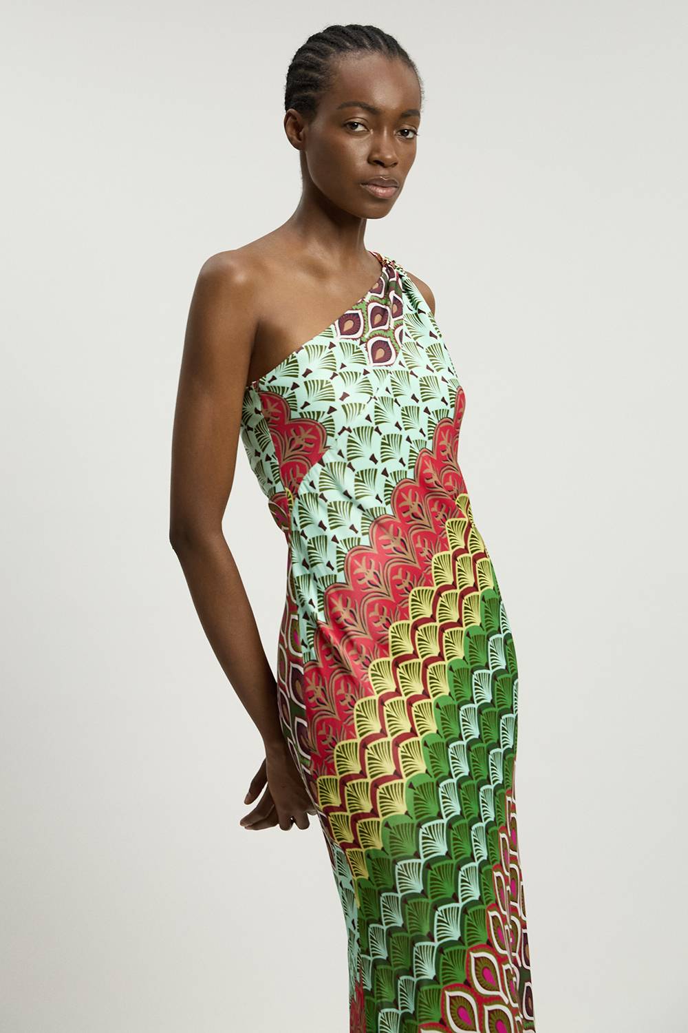 KarenMillen Robe Longue Asymétrique À Une Épaule En Viscose Satinée À Imprimé Multiple