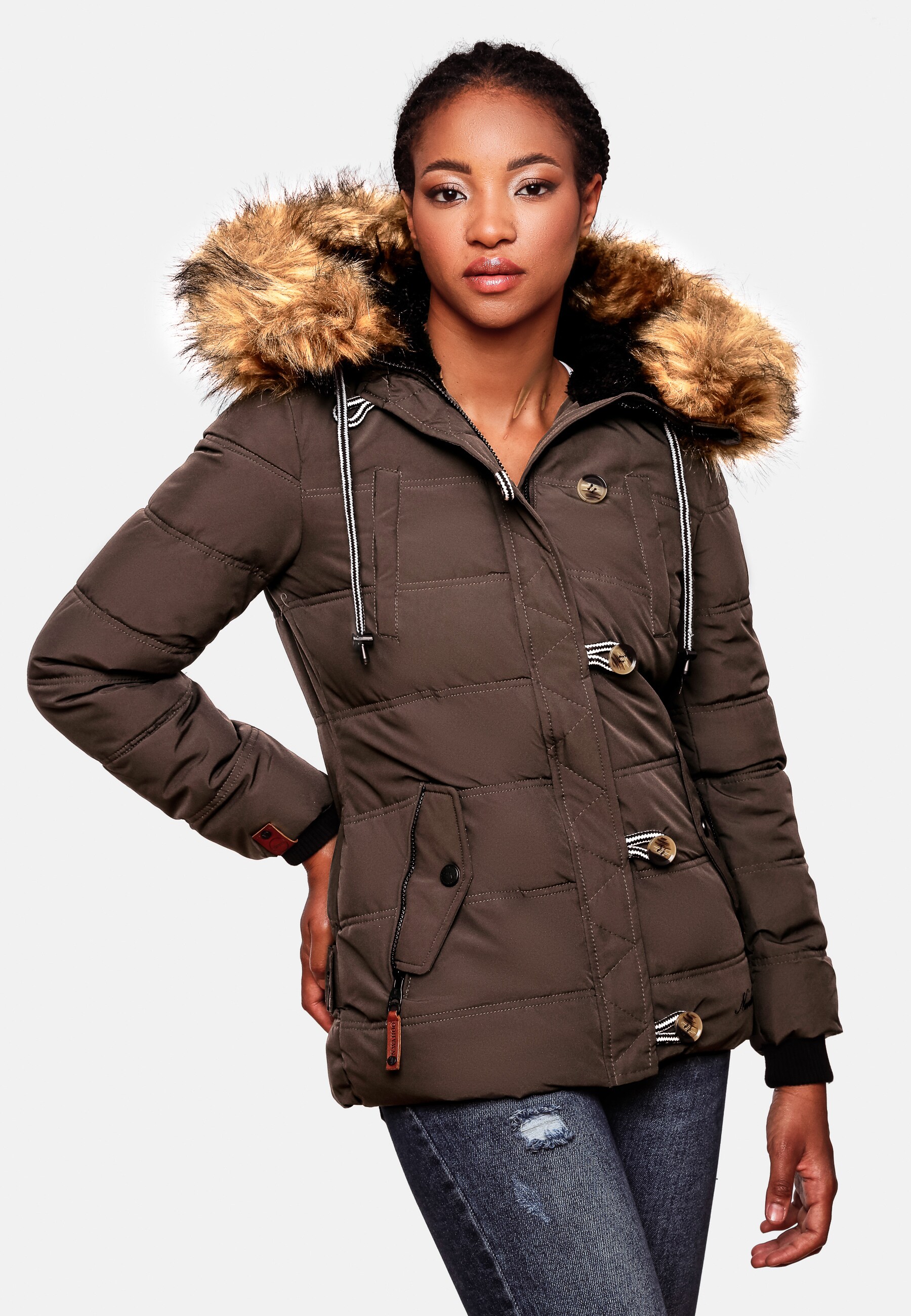NAVAHOO Damen Stylische Winterjacke Steppjacke mit Kunstpelz Kapuze Zoja
