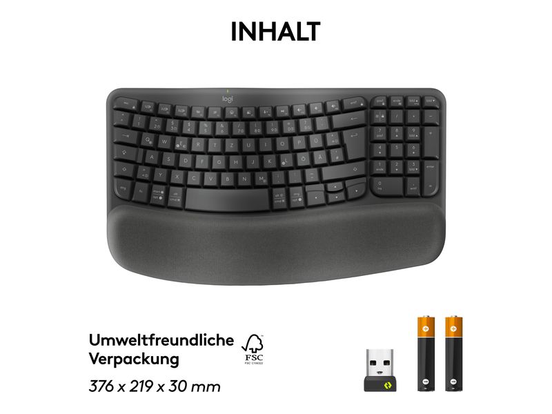 Logitech Tastatur Wave Keys for Business Ergonomische Tastatur mit geschwungenem Design und gepolsterter Handballenauflage für Komfort den ganzen Tag