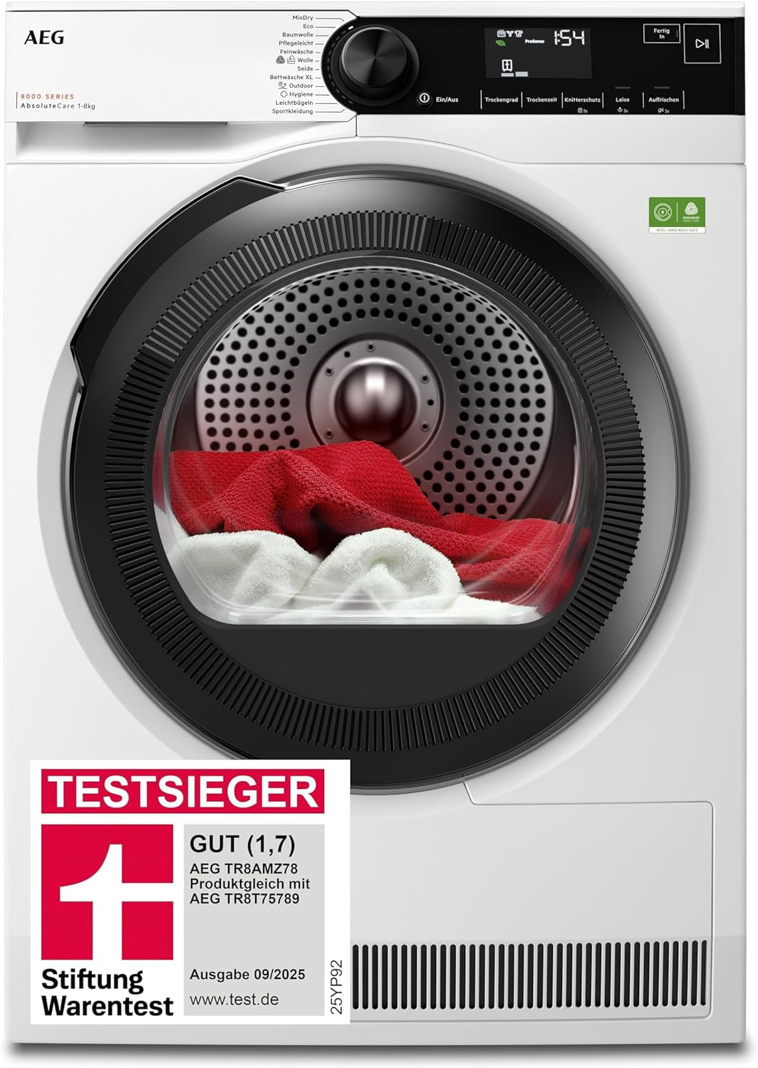 AEG Wärmepumpentrockner 8kg, Testsieger der Stiftung Warentest 2025, neue Energiekl. B, Serie 8000 AbsoluteCare Wolle- & Seidetrocknung, Reversierautomatik für Knitterschutz, Innenbeleuchtung TR8AMZ78