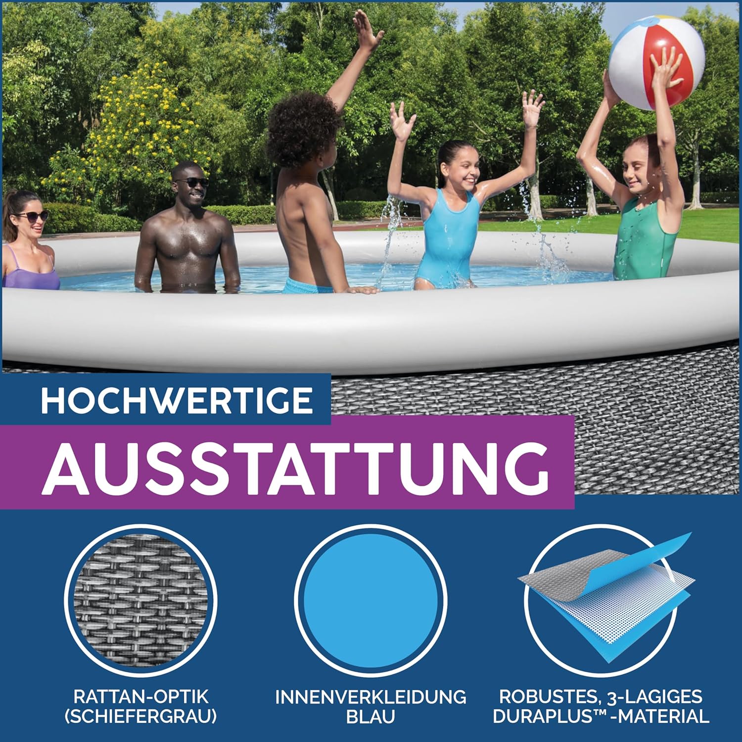 Bestway Fast Set Pool, 457 x 107 cm, Komplett-Set mit Filterpumpe, rund, graue Rattan-Optik