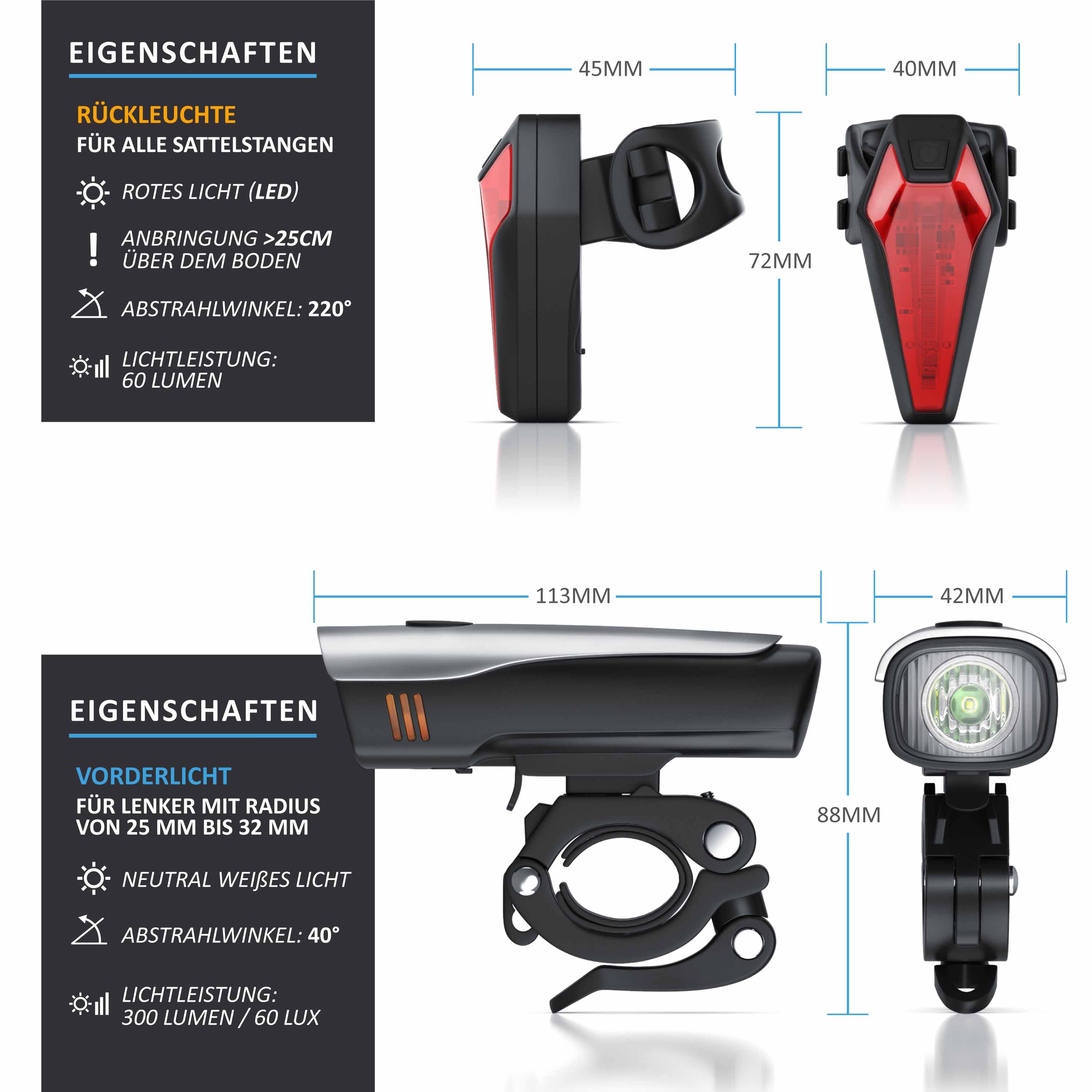 Aplic LED Fahrradlampen-Set mit Front & Rücklicht - Fahrradbeleuchtung mit Akku / StvZO zugelassen
