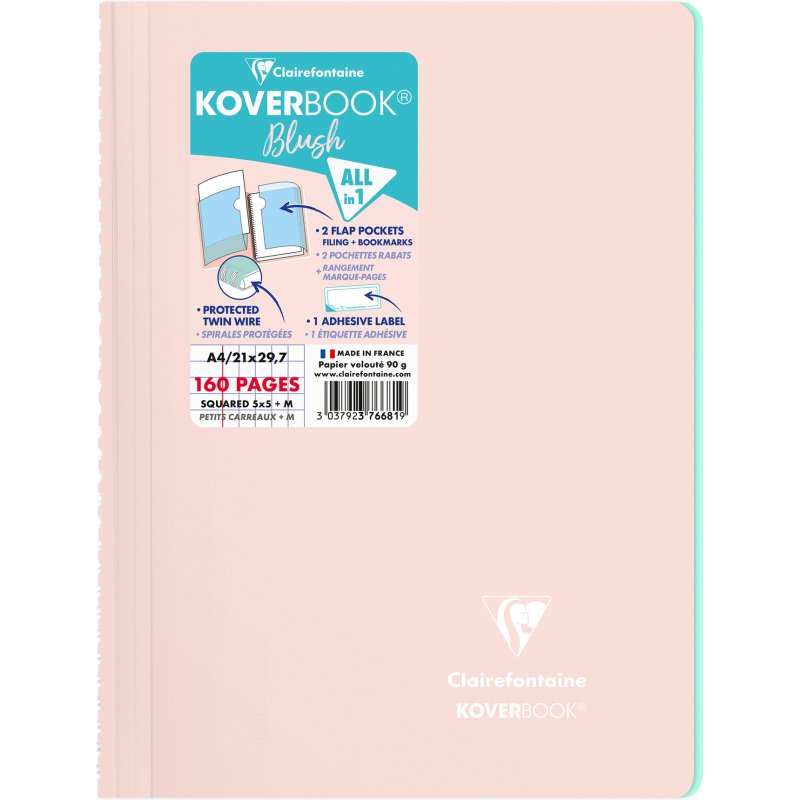 Cahier spirale Clairefontaine Koverbook Blush A4 21 x 29,7 cm petits carreaux 160 pages