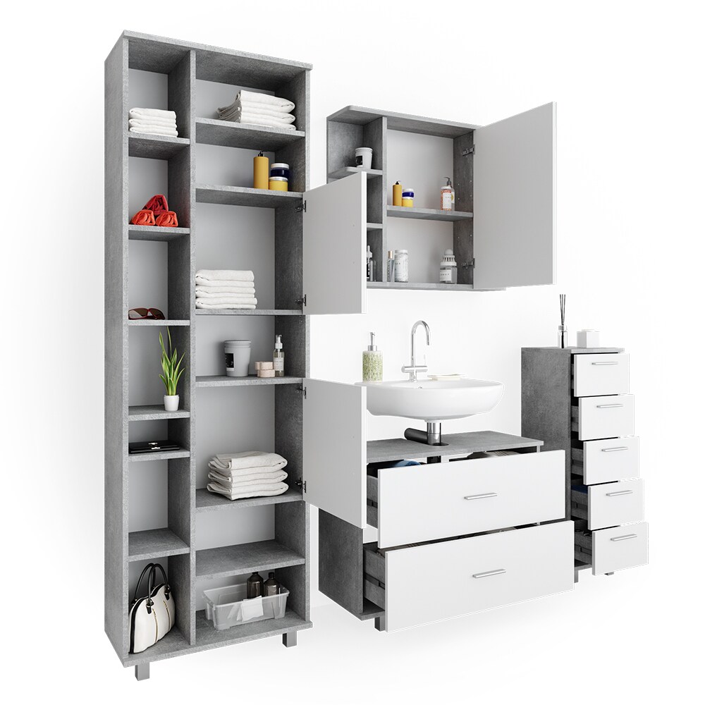 VICCO Badmöbel Set ILIAS Weiß Beton Spiegel Kommode Unterschrank Badschrank