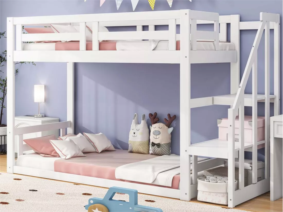 Lit superposé pour enfant avec escalier et sommiers à lattes - 90x200cm - blanc