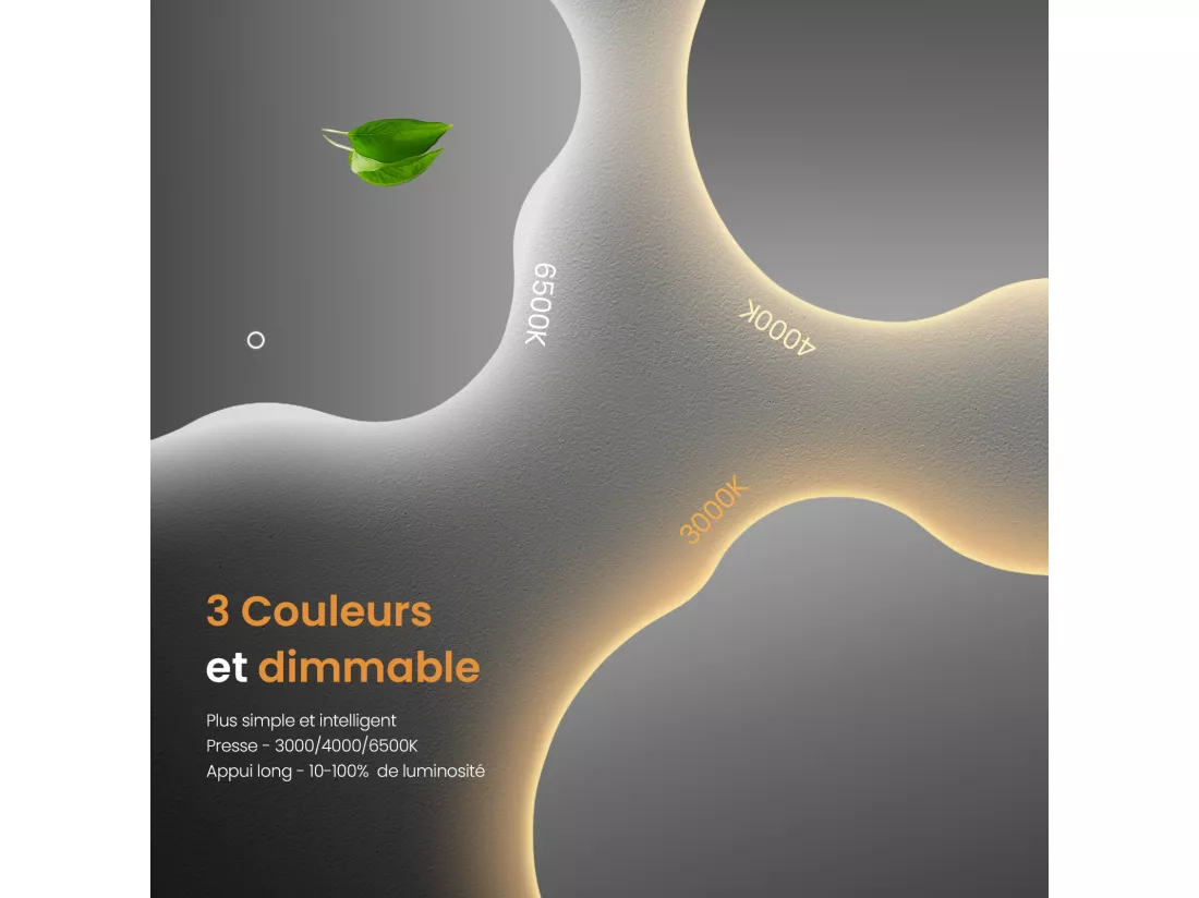 EMKE Miroir lumineux salle de bain sans cadre 60x50cm , Miroir LED avec Interrupteur Tactile, Anti-buée, Miroir avec 3 couleurs de Lumières