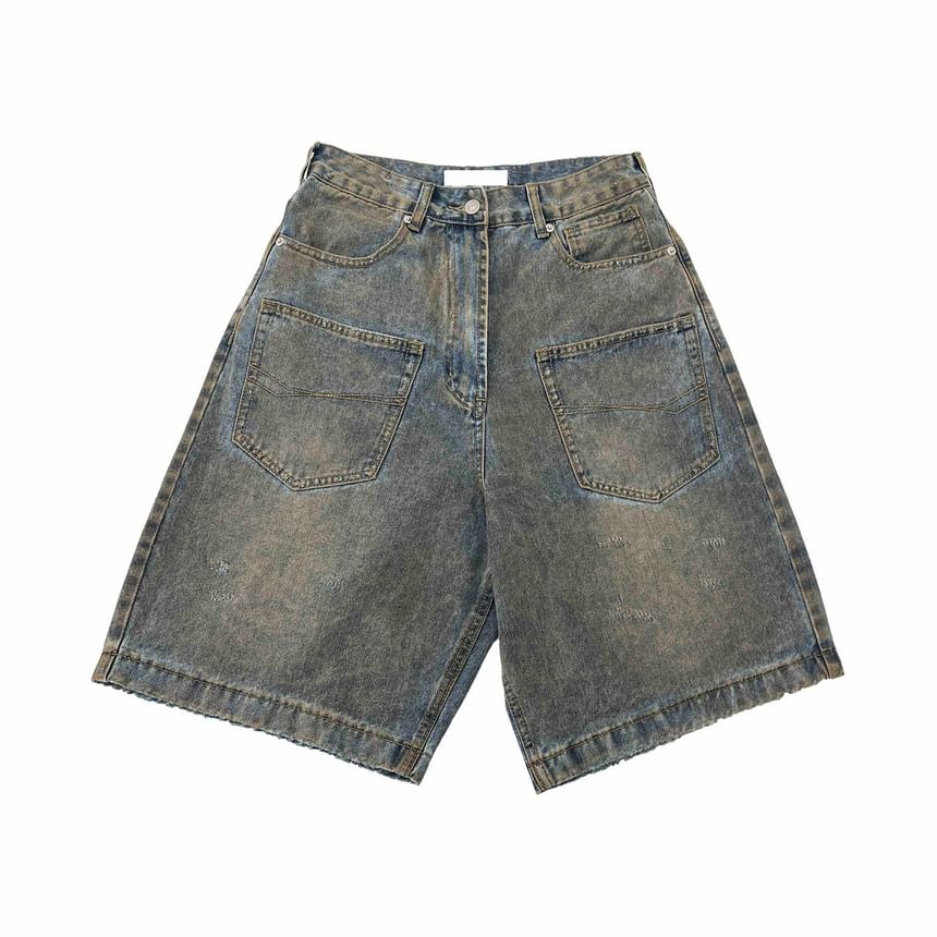 Adotuiastic - Mid Rise Washed Denim Loose Fit Cargo Jorts