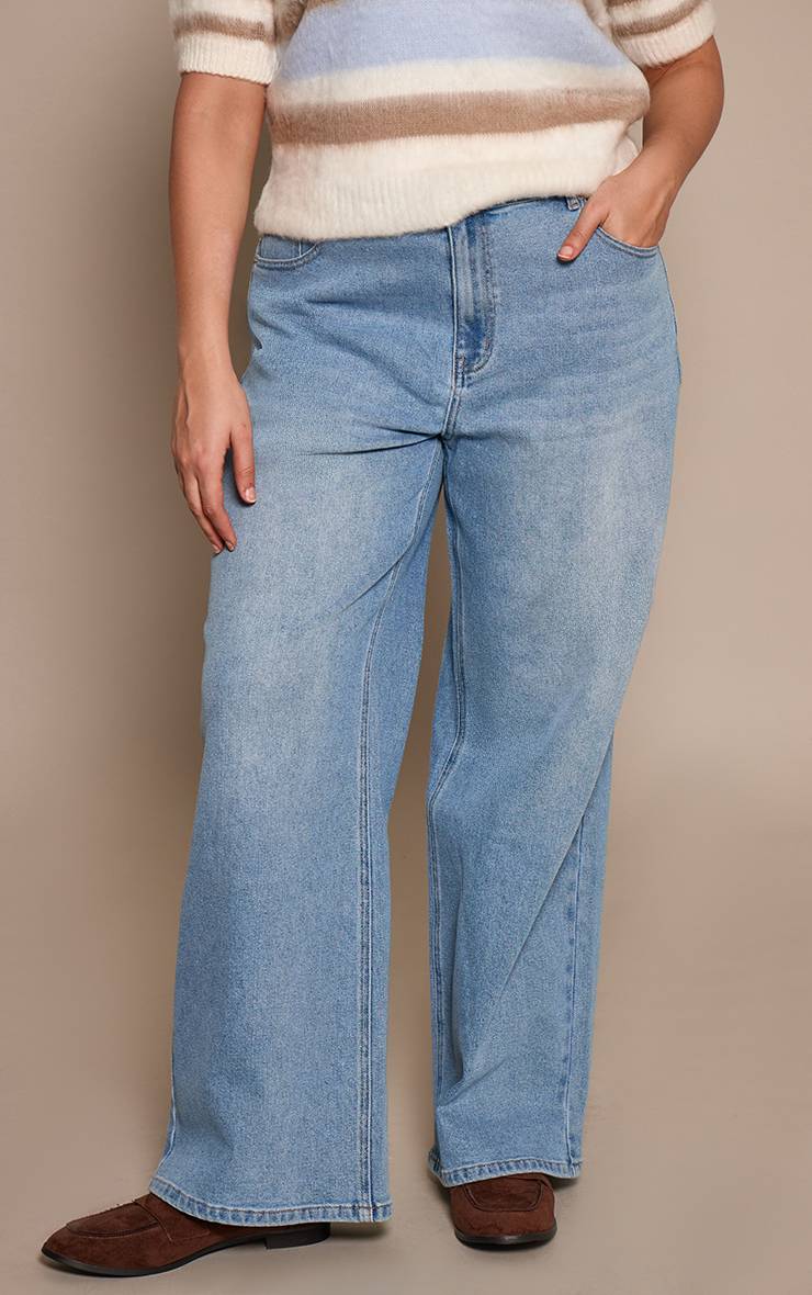 Mid Blue Wash Jean Droit Taille Haute Stretch Bleu Moyen Grande Taille