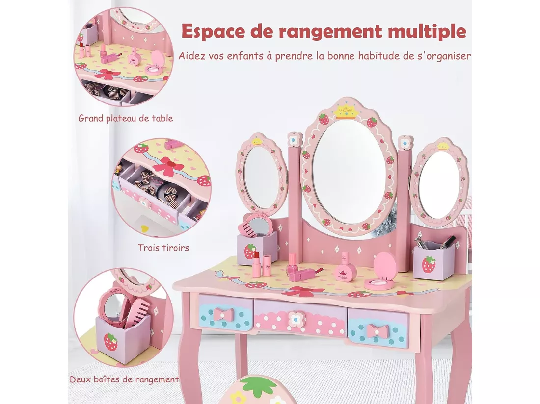 Coiffeuse pour Enfants de 3+ Ans, Ensemble Coiffeuse et Chaise avec Miroir Pliable à Trois Volets, 3 Tiroirs et 2 Boîte de Rangement, 70 x 34 x 105 cm, Rose