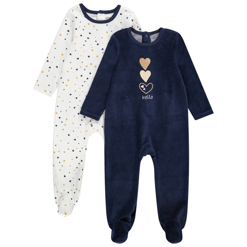 Lot de 2 dors-bien en velours imprimé coeurs pour bébé fille - Bleu marine