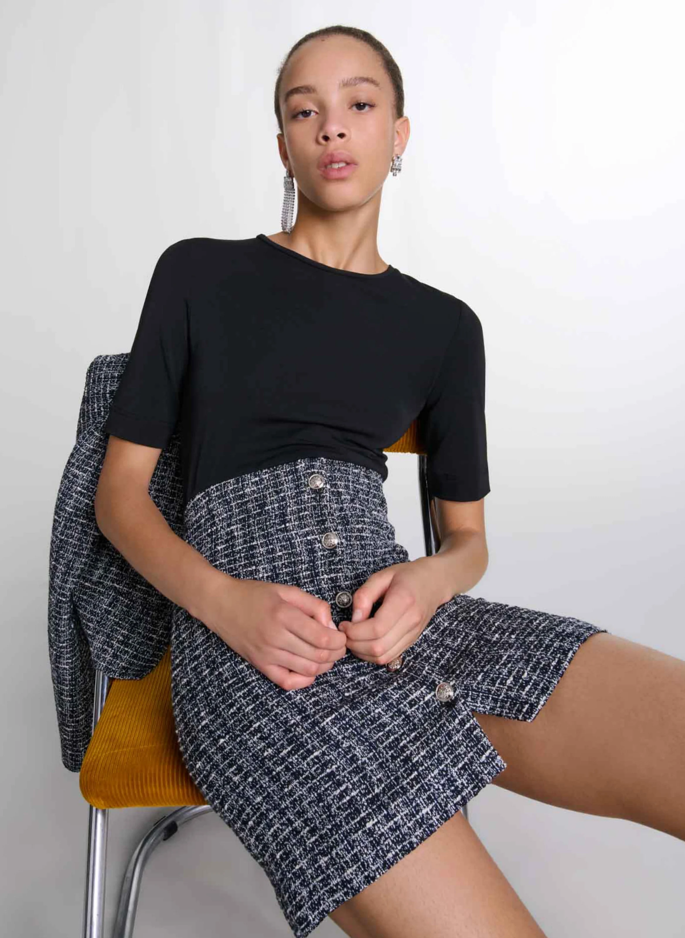Robe courte deux-en-un effet tweed | Noir