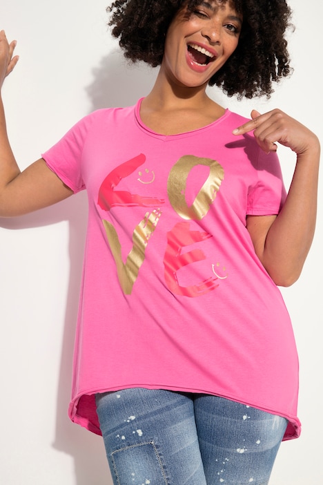 T-Shirt, LOVE-Schriftzug, V-Ausschnitt, Halbarm