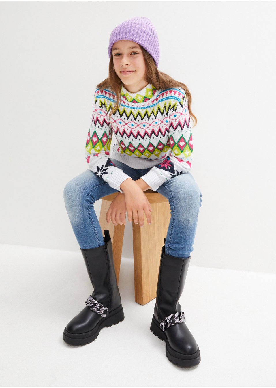 Pull col roulé à motif norvégien fille