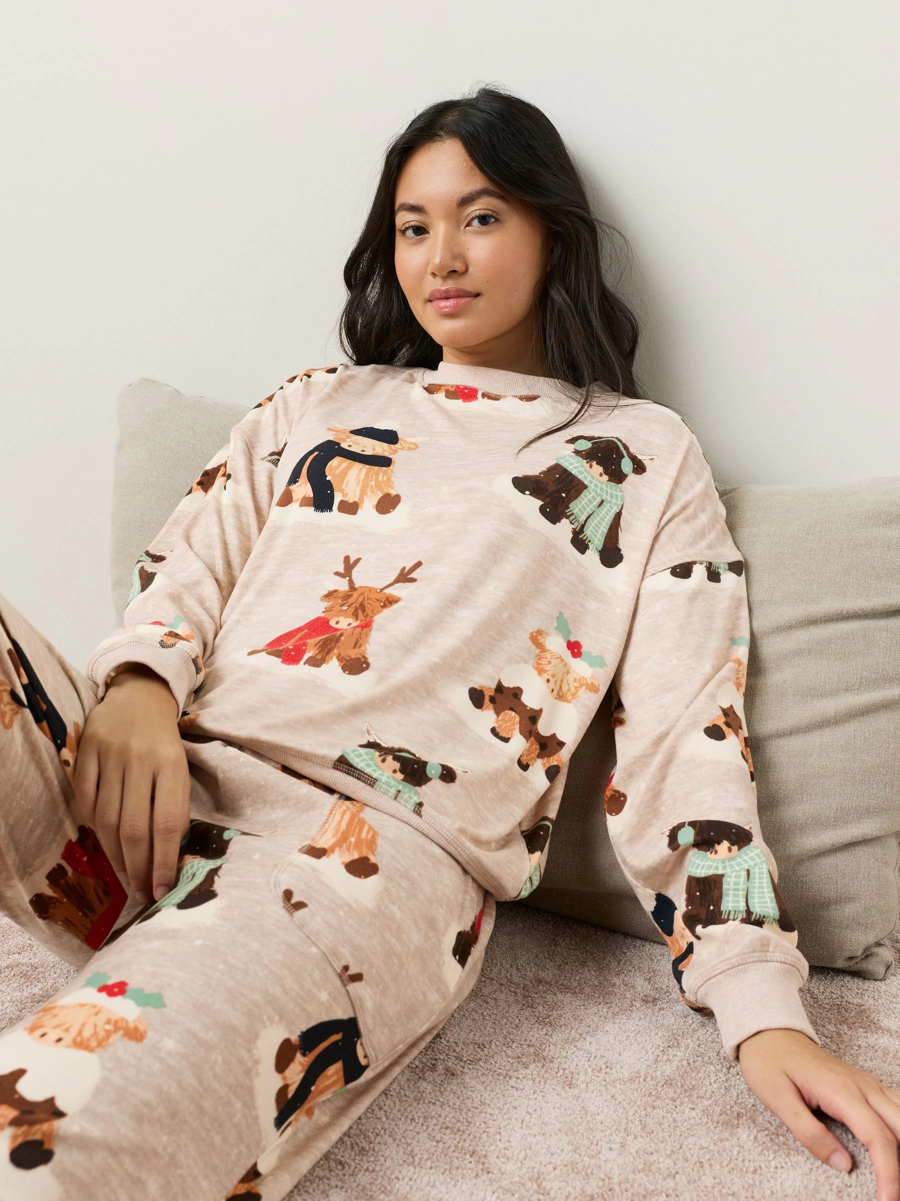Havermout Hamish The Highland Cow - Bijpassende familie Kerstmis Pyjama's met Lange mouwen