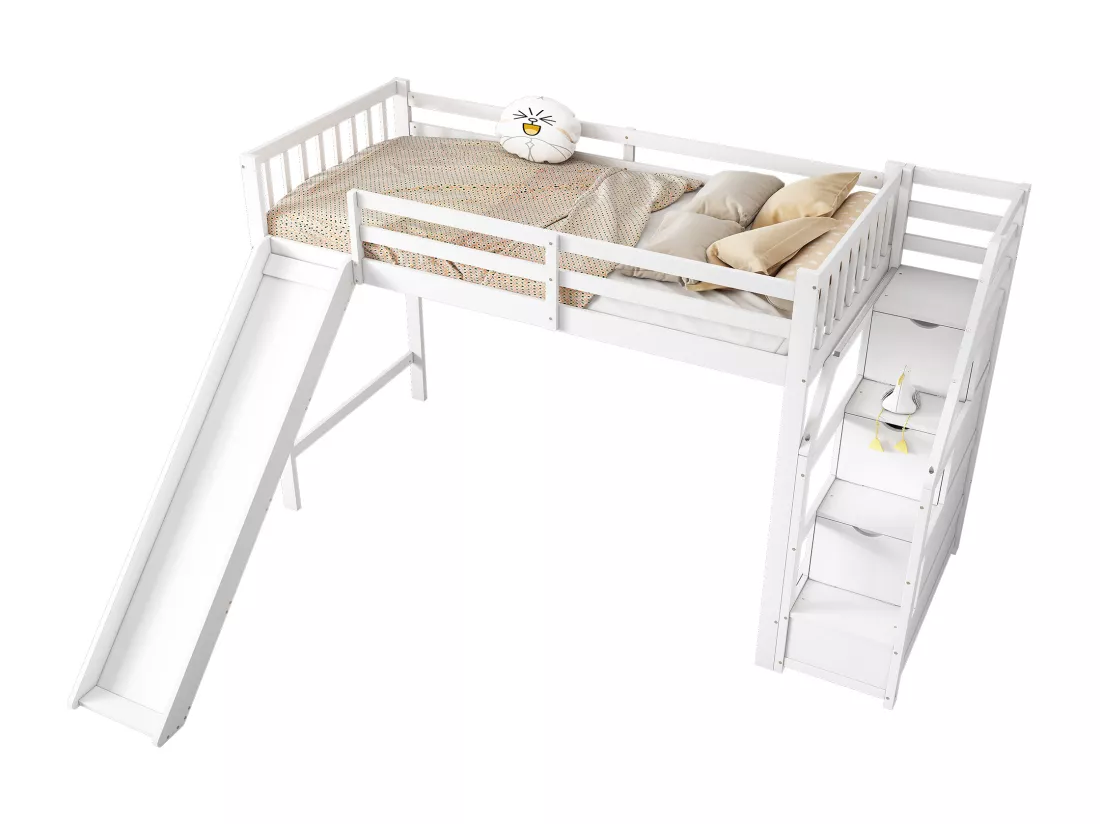 Lit mezzanine 90 x 200 cm avec 3 tiroirs et toboggan - bois de pin + MDF - sommier à lattes - blanc