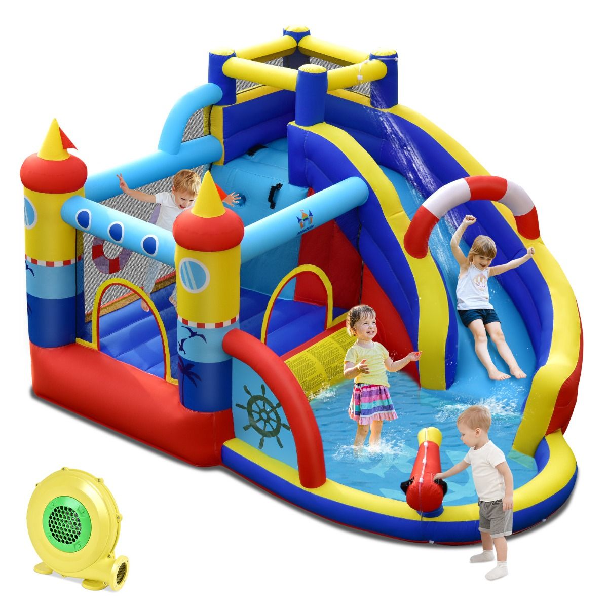 Château Gonflable Style Bateau avec Toboggan Incurvé Zone de Saut Mur d'Escalade avec Gonfleur 450 W - Lidl-Manfred