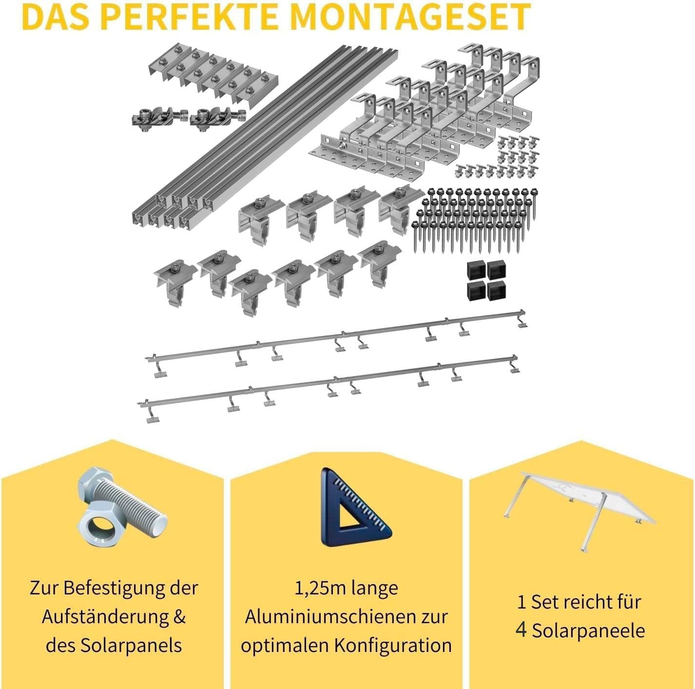 Solar Halterung Ziegeldach I Set für 4 PV Module 30-45mm I Solarmodul Halterung Balkonkraftwerk I Solarmodulbefestigungsset für Ziegeldächer aus Edelstahl 1.4301 I PV-Halterung Montageset