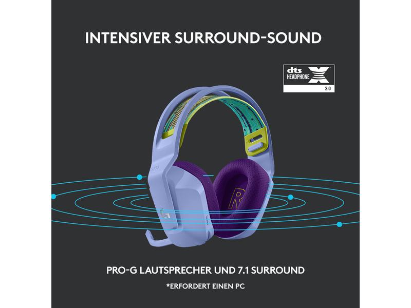 Logitech Headset G733 Lightspeed Lila Wireless-Gaming-Headset mit DTS 7.1 Surround-Sound und RGB Beleuchtung