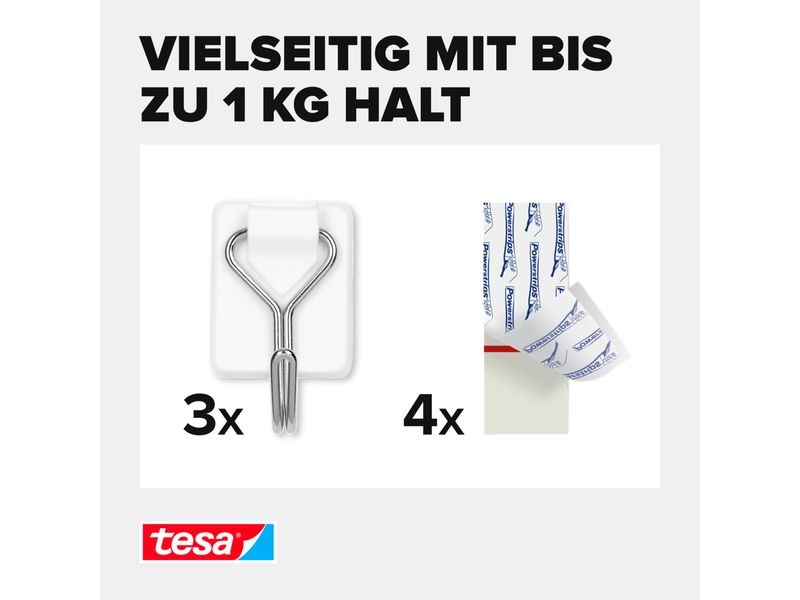 tesa Klebehaken Powerstrips Haken Small Weiss, 1 kg Haltekr Selbstklebende Haken mit abnehmbarem Drahthaken – wiederverwendbar – Montage ohne Bohren