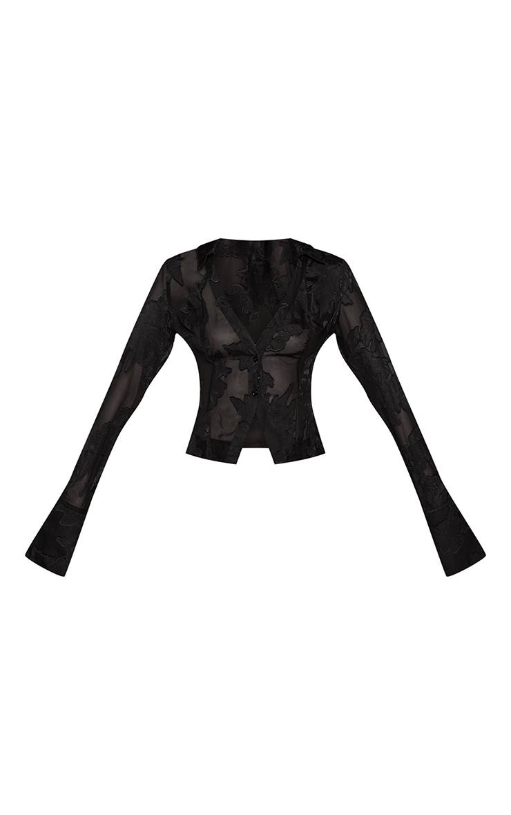 Noir Chemise Ajustée Grande Taille En Mesh Transparent À Motif Floral