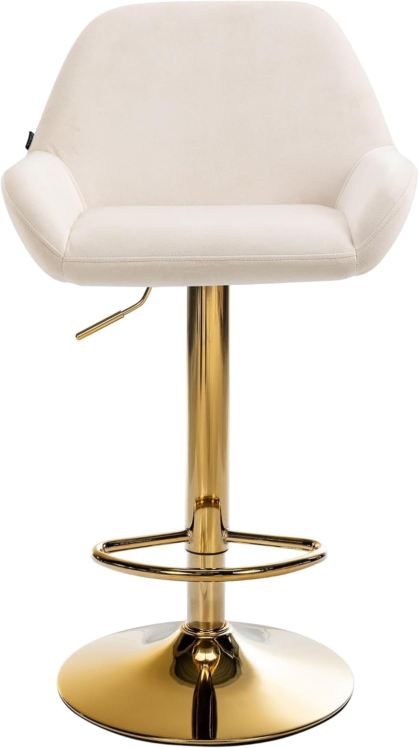 CLP 2er Set Barhocker Braga Samtbezug Gold-Gestell I höhenverstellbar und 360 drehbar I moderner Barstuhl mit Fußstütze für Küche und Bar, Farbe:Creme