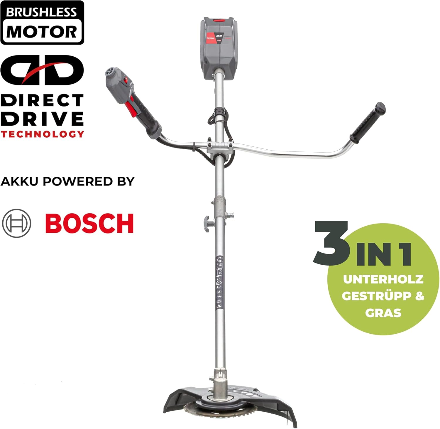 IKRA 36V Akku Freischneider Rasentrimmer IB-BC 33, inkl. Easy-Load-Fadenspule, 3-Zahn-Messer, 80-Zahn-Sägeblatt & Schultergurt, kompatibel mit Bosch