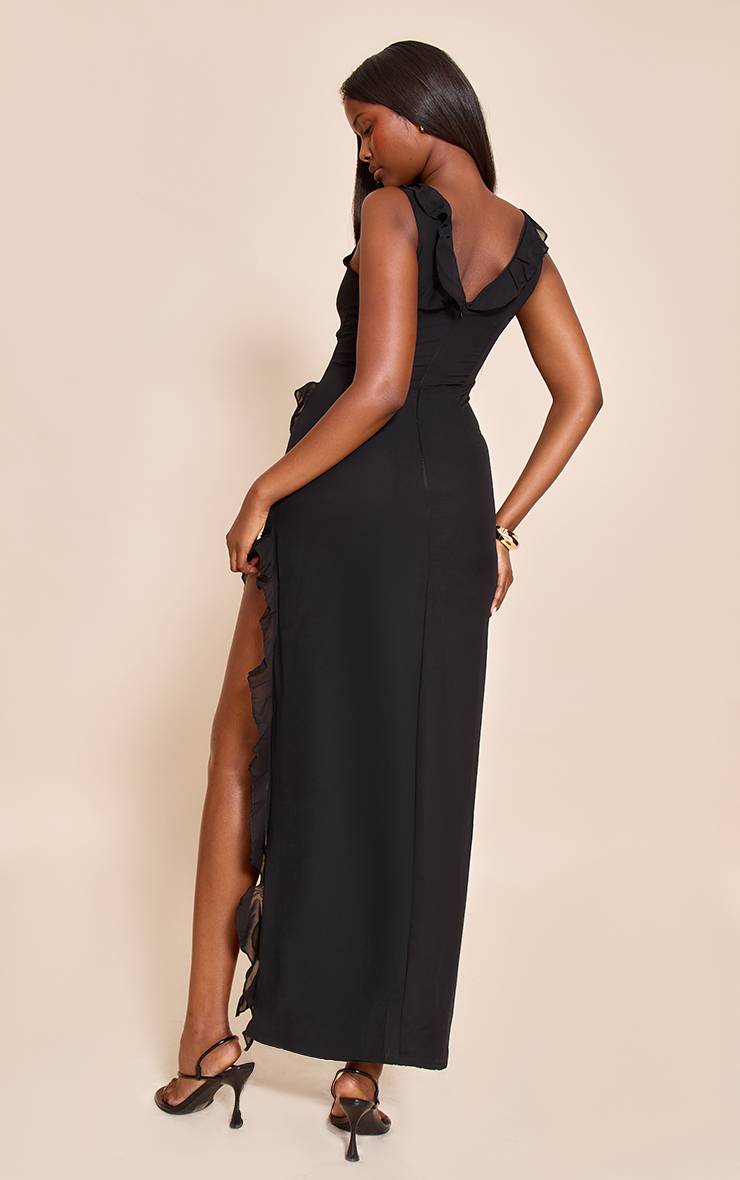 Noir Robe Maxi À Fleurs Asymétrique Avec Volants Et Fente