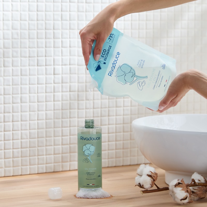 Gel douche & éco-recharge - Coton & amande - Visage, corps & cheveux