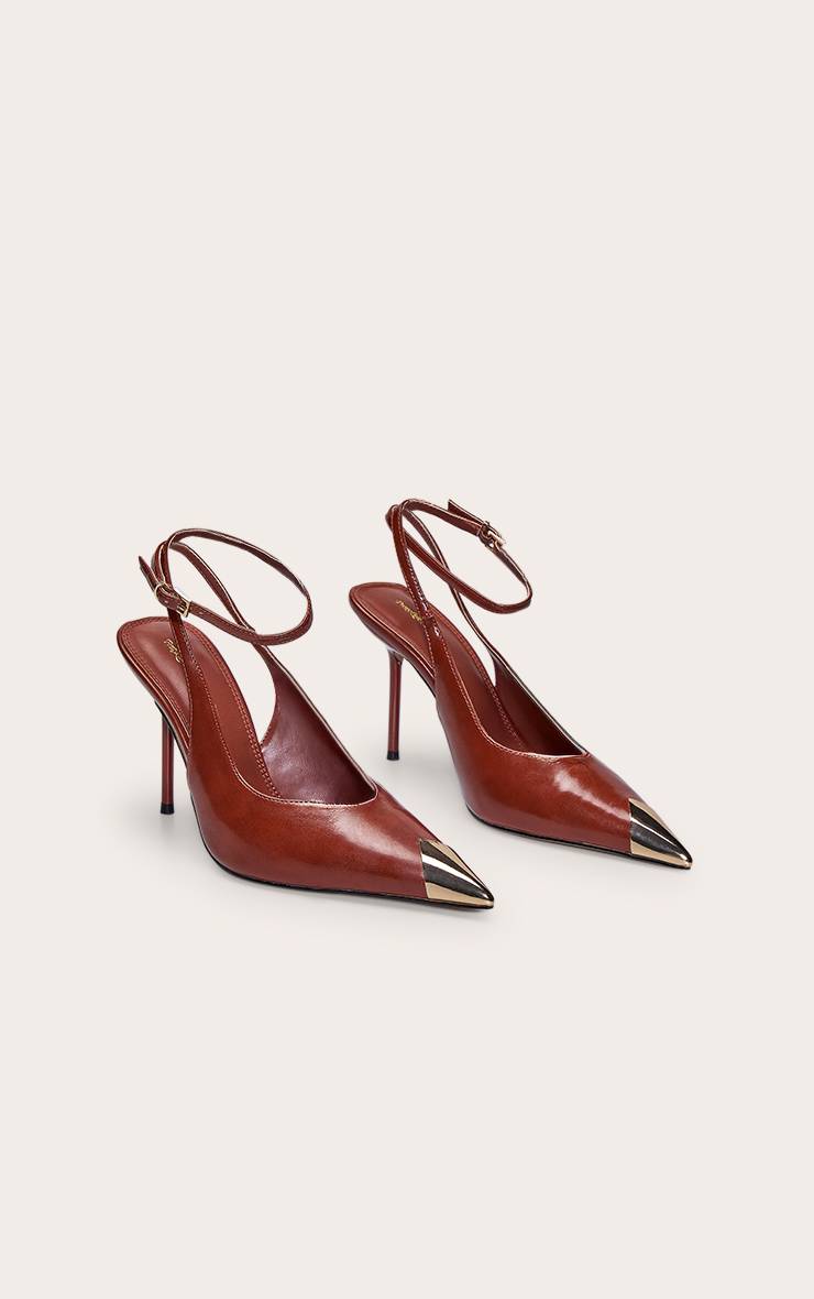 Marron Escarpins Slingback À Bout Doré Effet Froissé