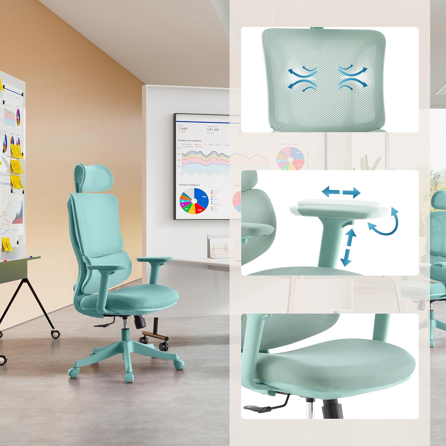 Bürostuhl Ergomy Colore – ergonomischer Schreibtischstuhl, atmungsaktiver Rückenlehne, Verstellbarer Lordosenstütze, 3D Armlehnen & Kopfstütze, Türkis