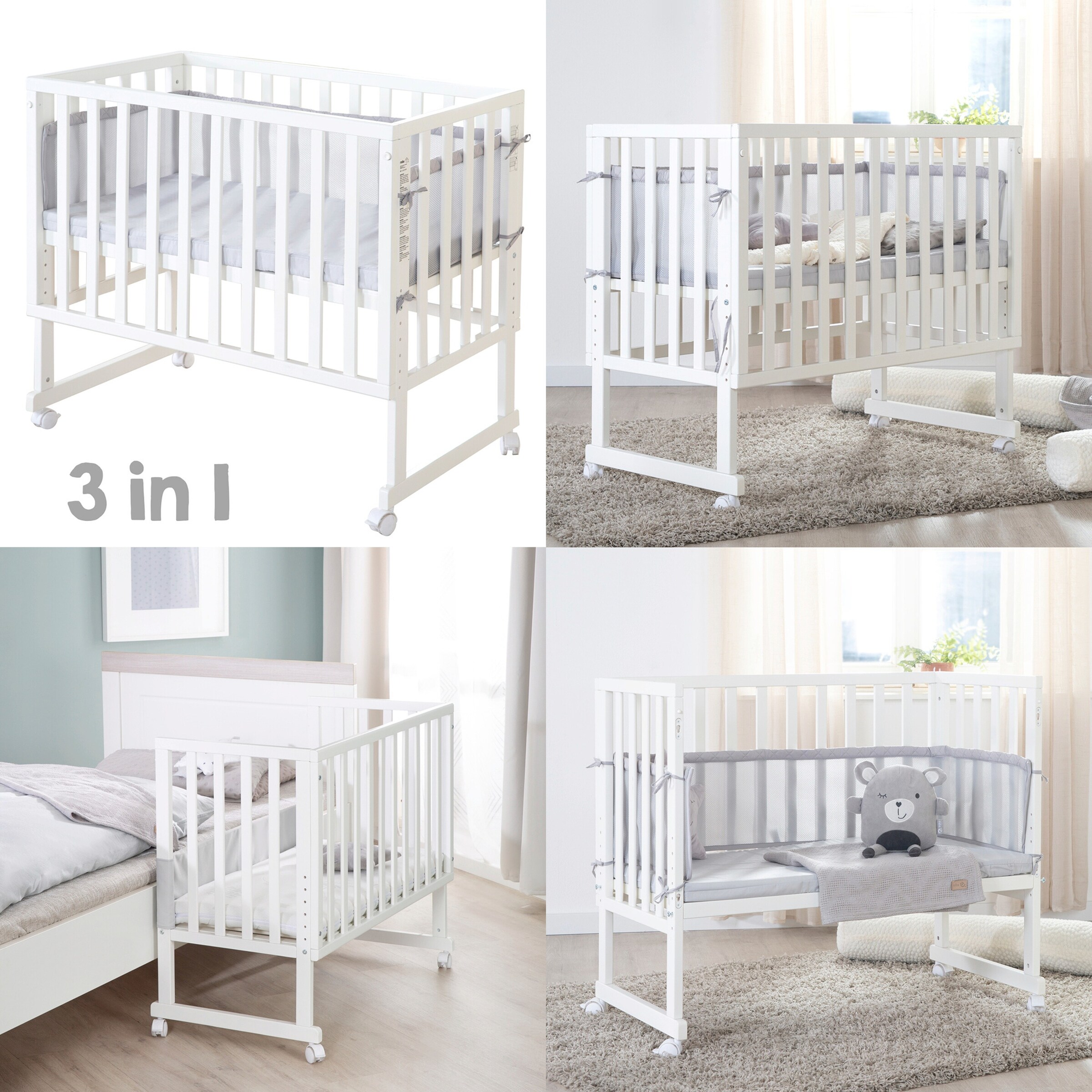 roba Stuben- & Beistellbett 3in1 mit Barriere  roba Style grau