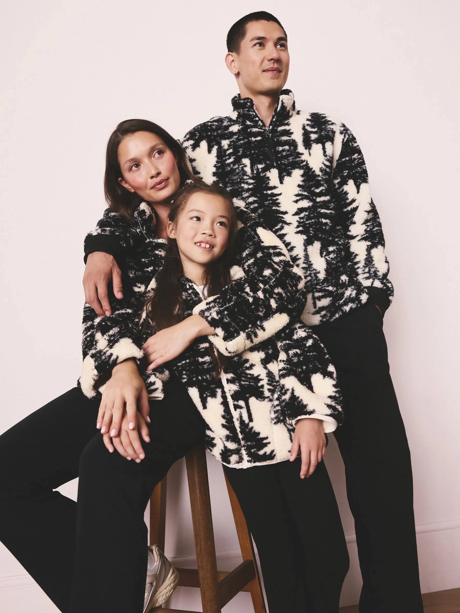 Black/Cream Tree Print - Matching Family Hooded Zip Borg Fleece Jacket (3-16yrs)