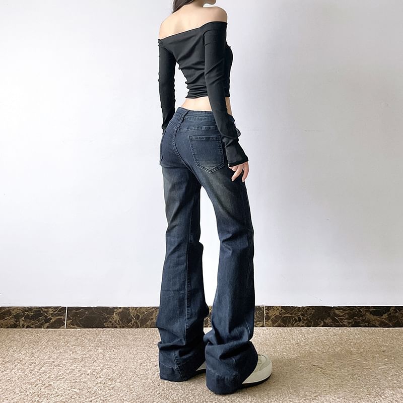 PolkaBella - Lage taille distressed gewassen bootcut jeans