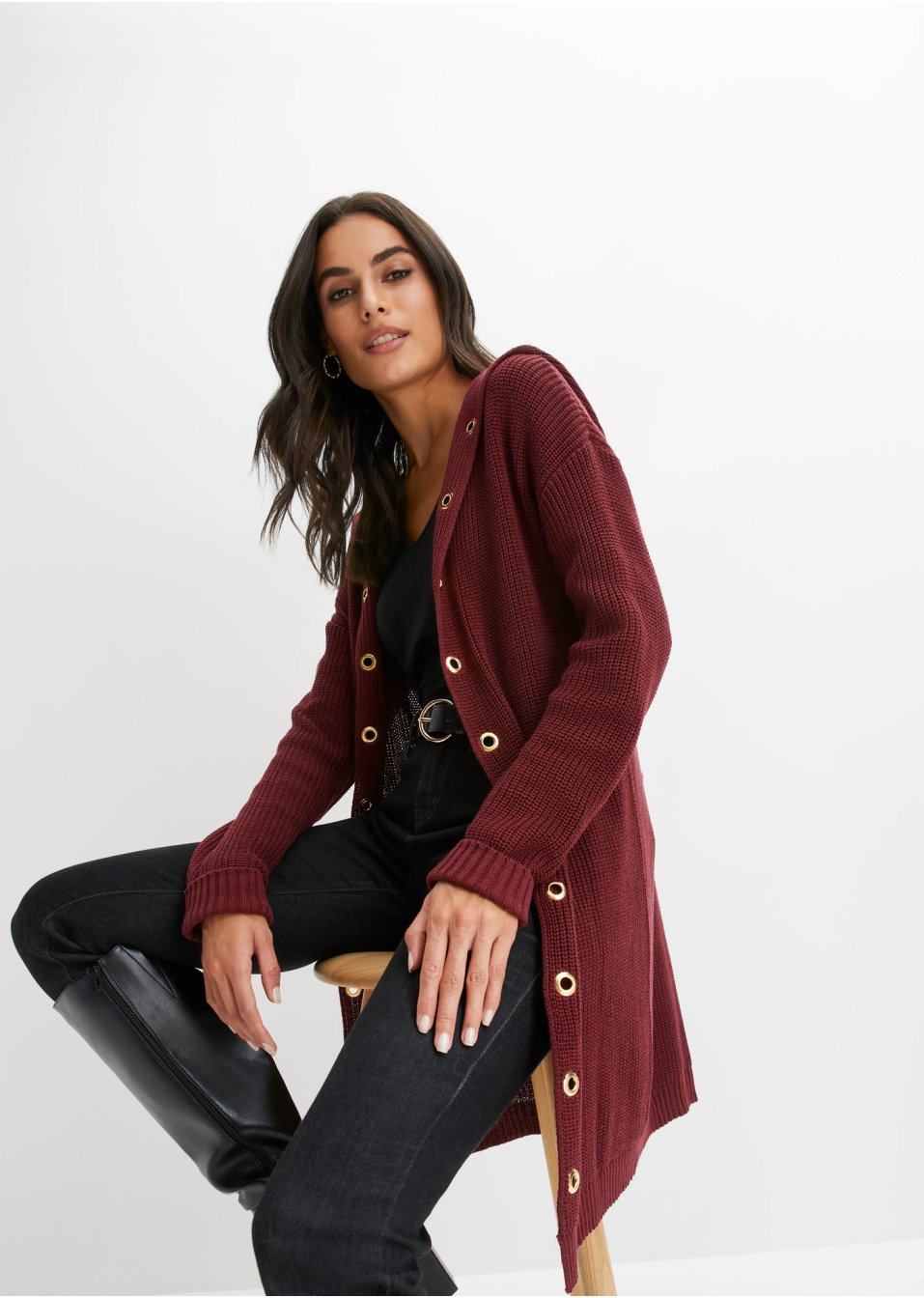 Gilet long en maille à capuche