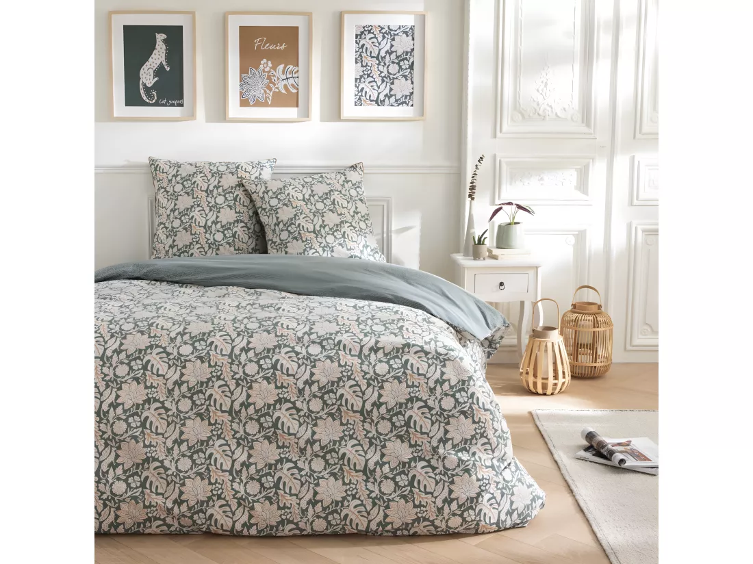 Parure de lit 2 personnes en coton 57 fils imprimé vert 240x220cm