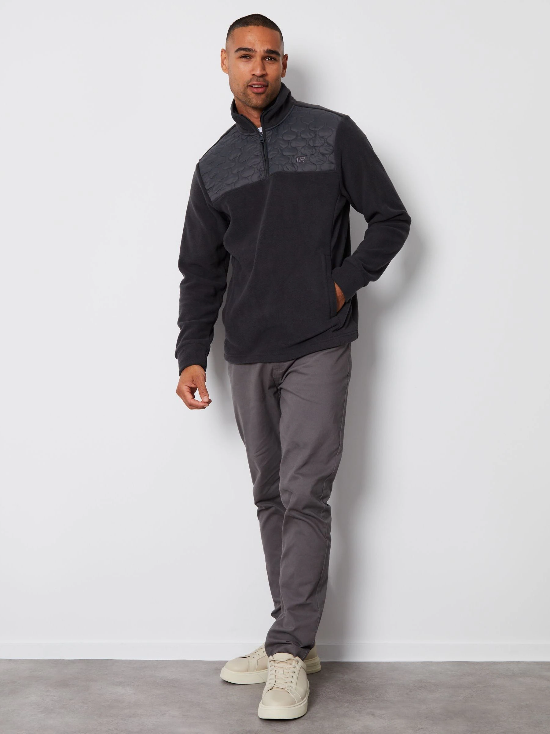 Grijs - Threadbare doorgestikt fleece sweatshirt met kwartrits