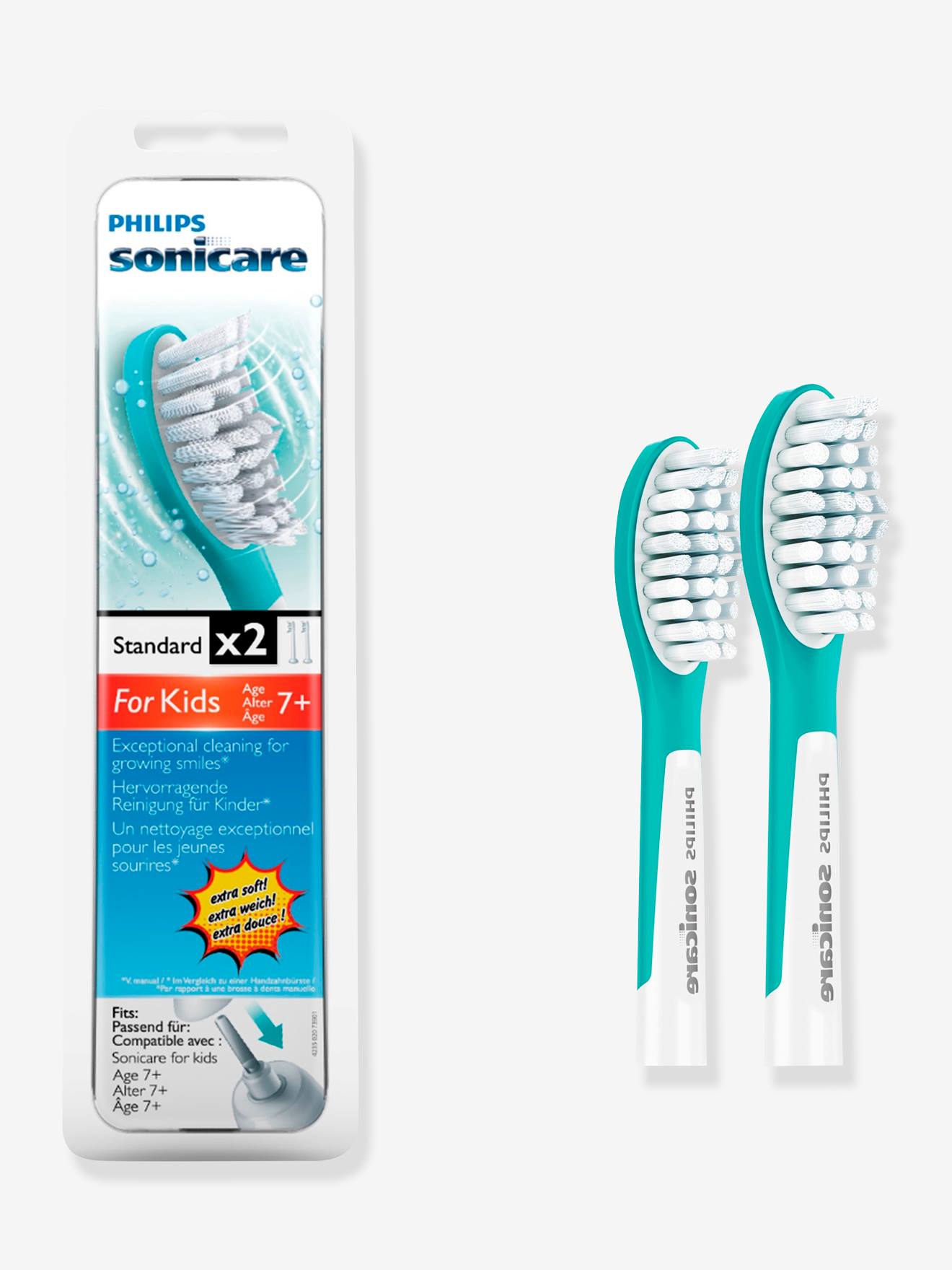 Pacote com 2 cabeças de escova compactas (a partir de 7 anos) para escovas de dentes infantis e elétricas.
