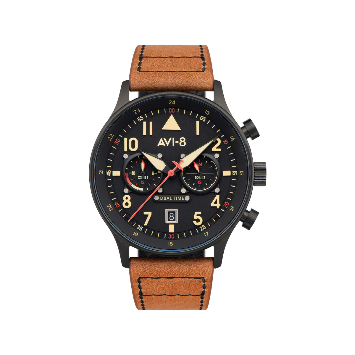 Montre AVI 8 Hawker Hurricane homme acier noir bracelet cuir caramel