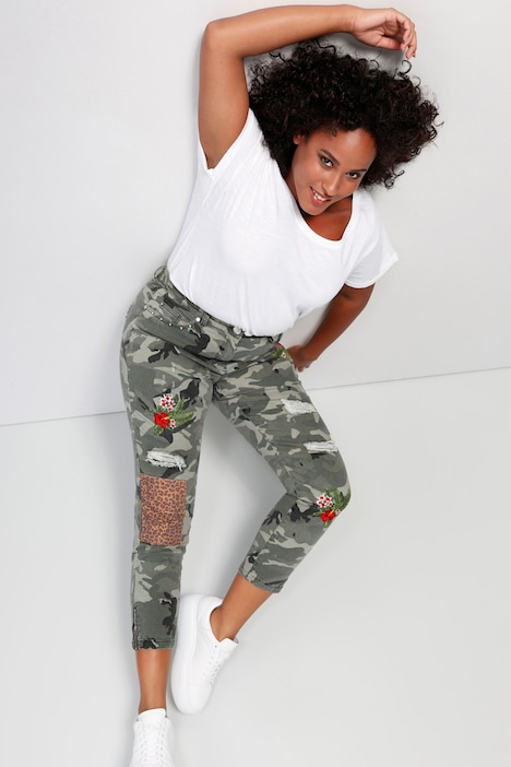 3/4-Hose, Komfort Fit, Camouflage, Destroy-effekte, Patches