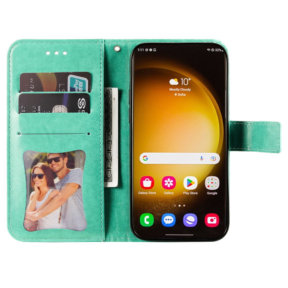 Samsung Galaxy S24 Ultra Leder Tasche Wallet - Mandala Flowers Imprint - Türkis