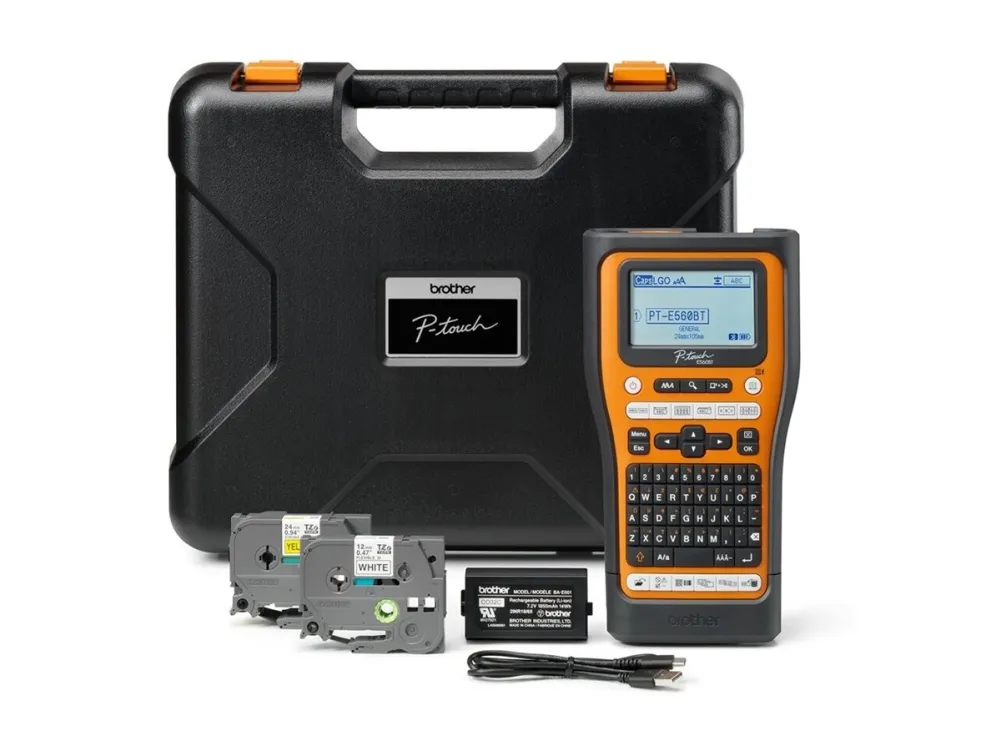 Brother P-Touch PT-E560BTVP - Etikettemaskine - S/H - termo transfer - Rulle (2,4 cm) - 180 dpi - op til 30 mm/sek. - USB 3.0, Bluetooth 5.0 - skærer - spejltryk, Full & Half Cut Function, printforhåndsvisning - sort og orange