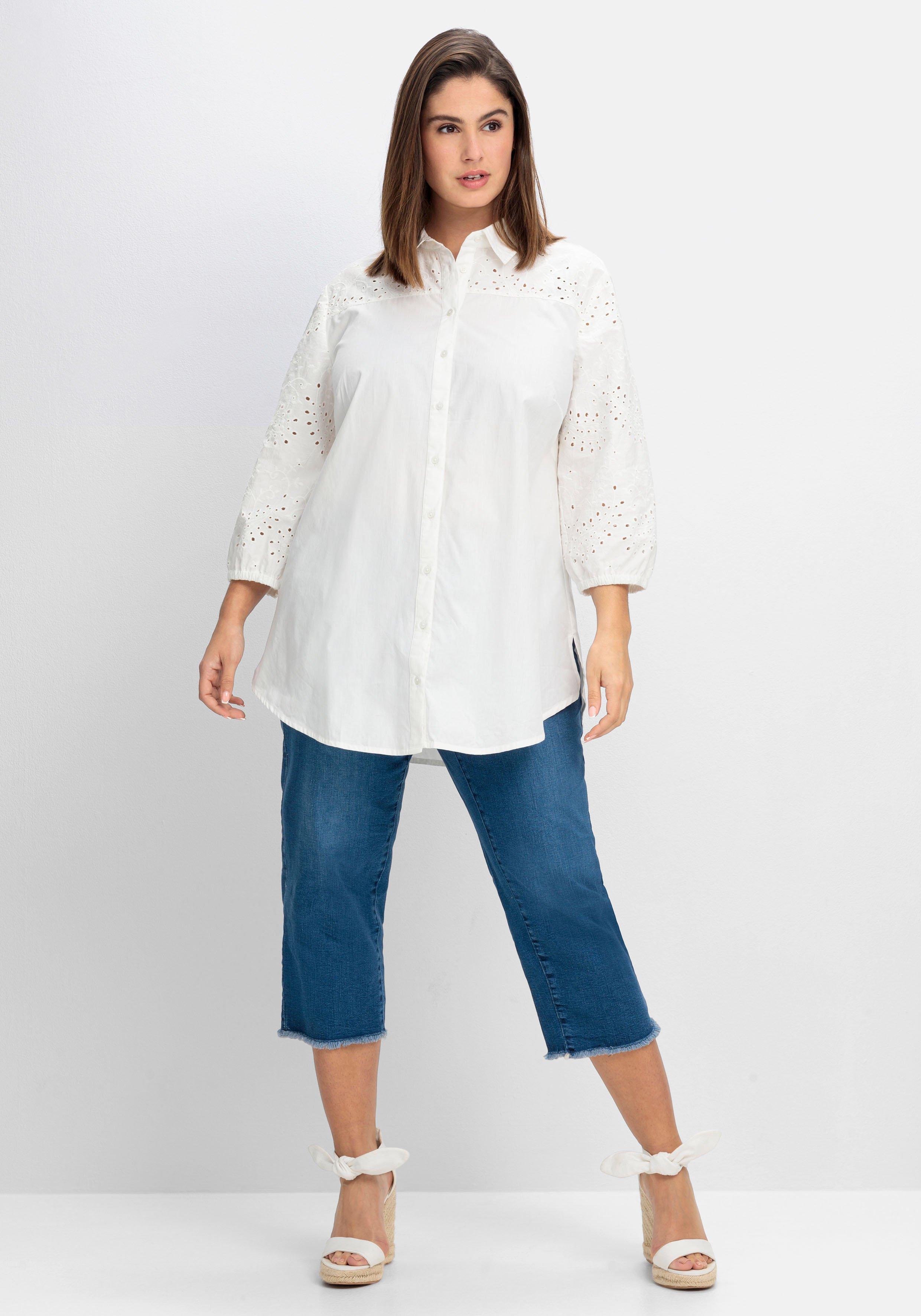 Longbluse mit Lochstickerei, gerundeter Saum