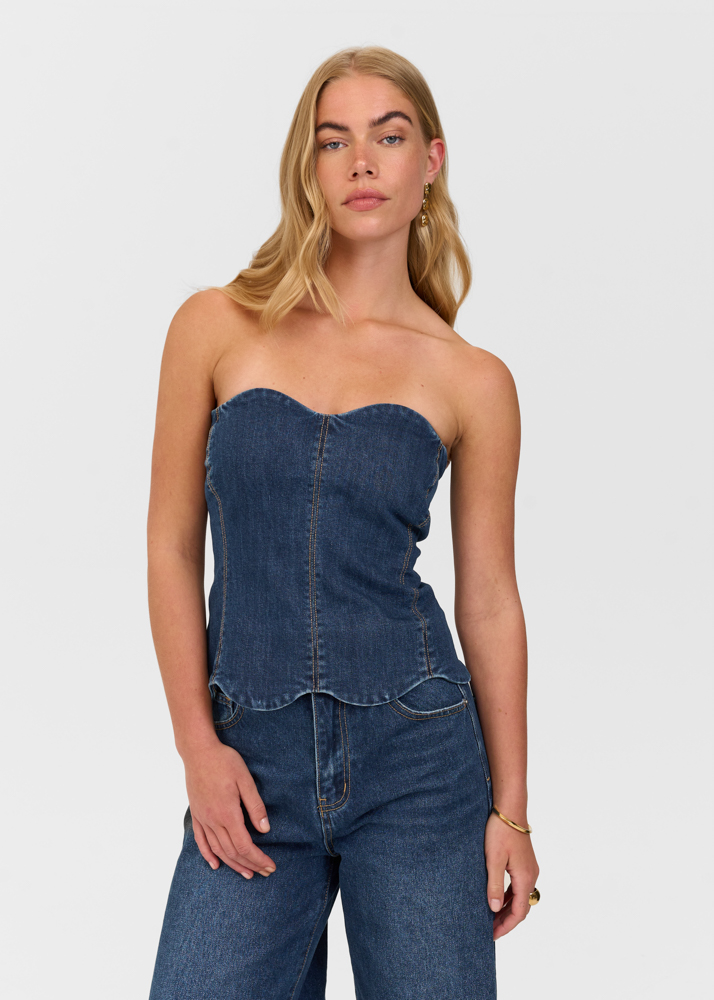 Scallop denim top indigo blauw