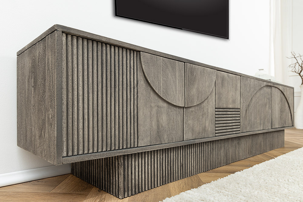 Massivholz TV-Lowboard ART DECO 200cm grau smoked Mangoholz 3D-Front