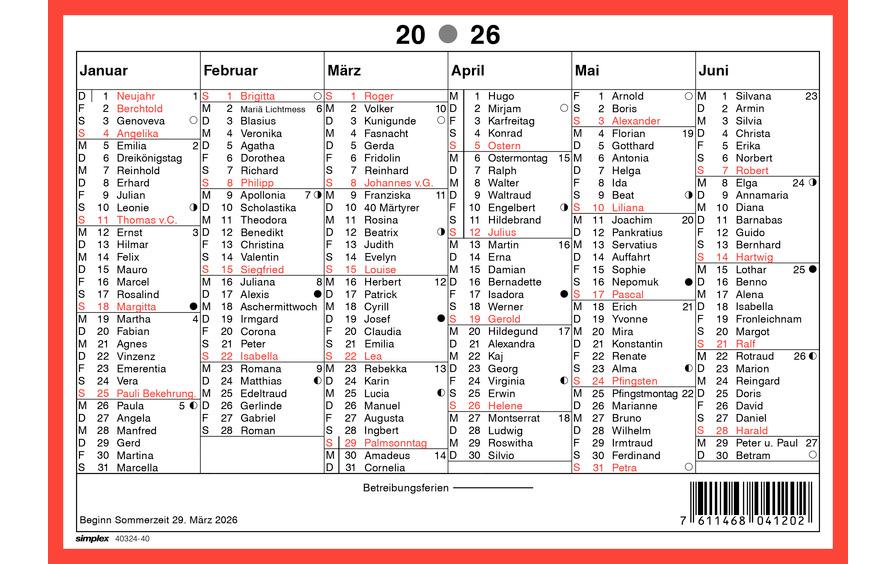 Kalender mit Namenstagen A5 Querformat, 2026Wandkalender