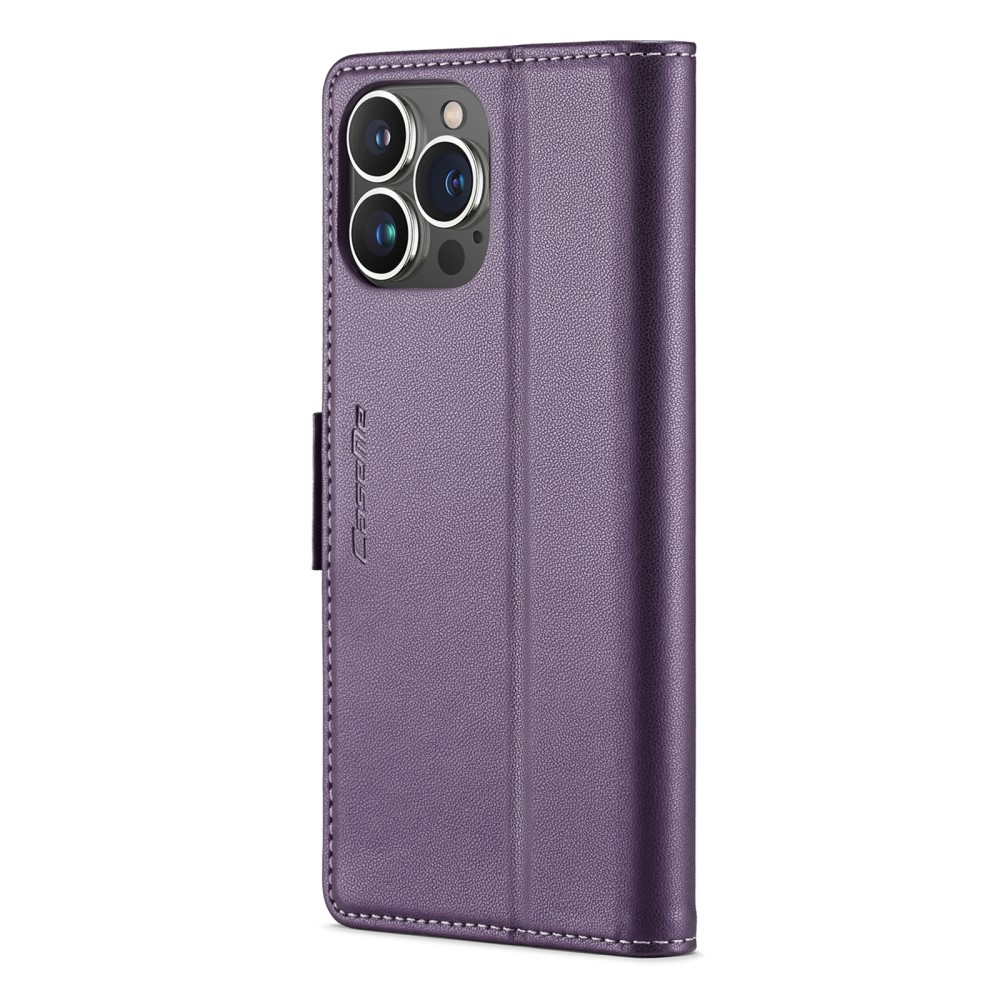 iPhone 14 Pro Max Leder Tasche Flip Wallet Etui mit Kartenfächern Litchi Look (RFID Schutz) - Violett