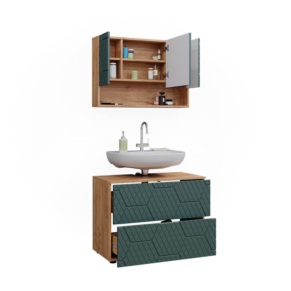Vicco Badmöbel-Set Irma Eiche Grün 2-teilig Spiegelschrank Waschbeckenschrank 80 cm